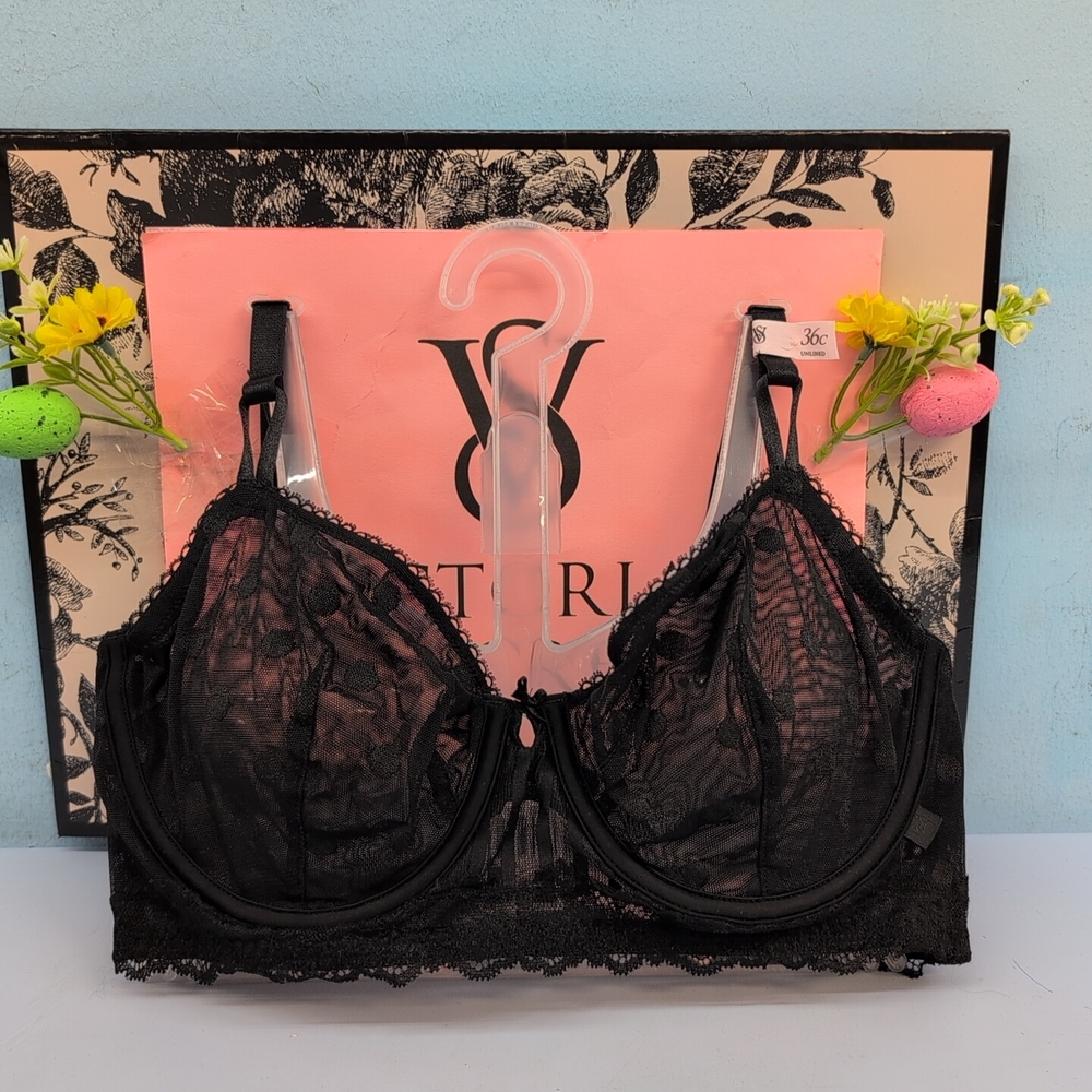 Victoria Secret Sexy Tee Sheer Heritage Unlined Underwire Demi Bra Top 36C Black